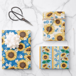 Bees Sunflowers Wrapping Paper Set of 3