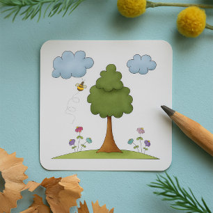 Bees Tree Flowers And Clouds Square Sticker