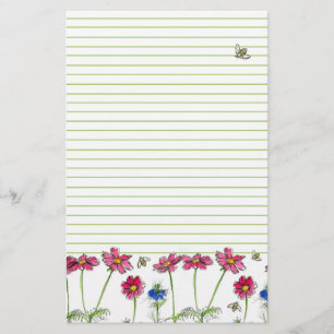 Bees Watercolor Flowers Pink Cosmos Green Lined Stationery