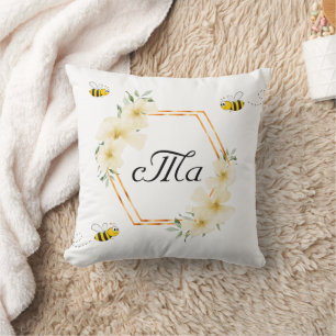 Bees white floral couple monogram cushion
