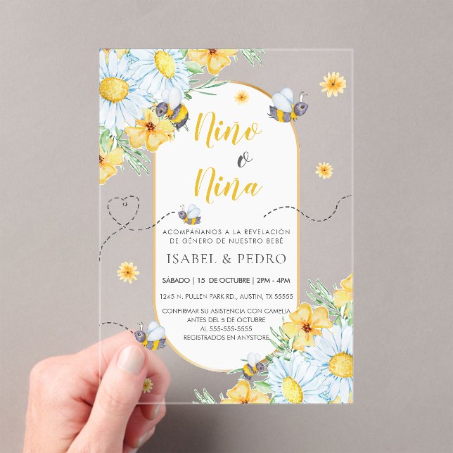 Bees & White Flowers Spanish Gender Reveal Acrylic Invitations (Insitu (Handheld))