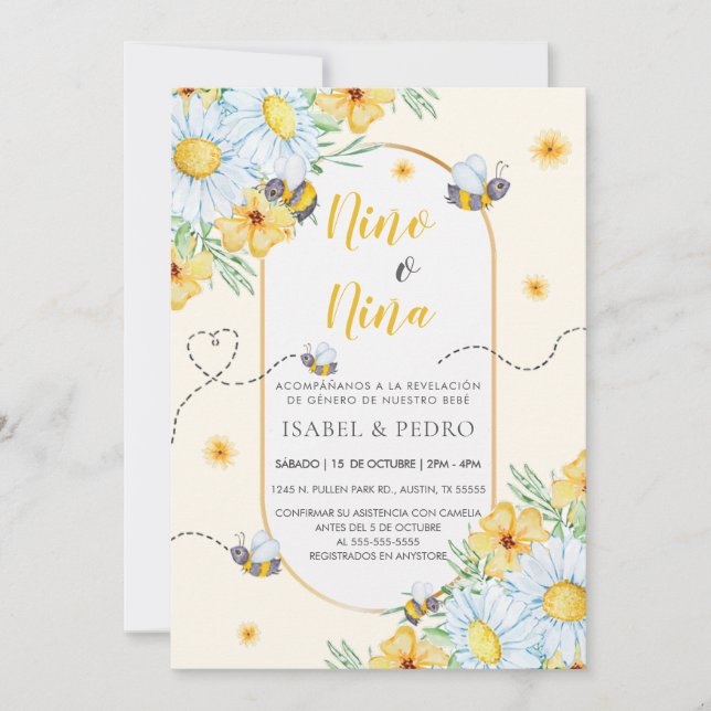 Bees & White Flowers Spanish Gender Reveal Invitation (Front)