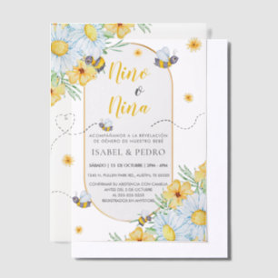 Bees & White Flowers Spanish Gender Reveal Vellum Invitations