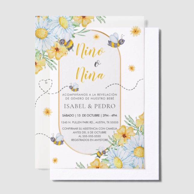 Bees & White Flowers Spanish Gender Reveal Vellum Invitations (Offset)