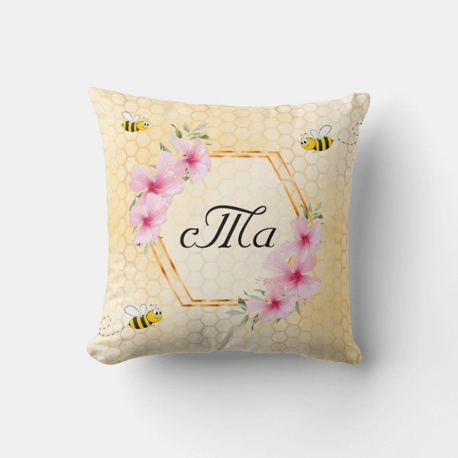 Bees yellow floral couple monogram cushion (Front)