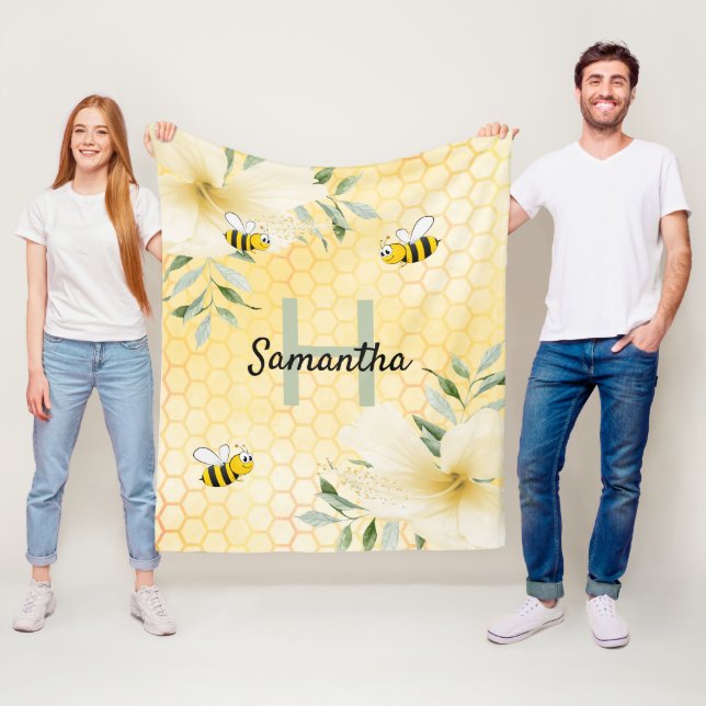 Bees yellow florals honeycomb monogrammed fleece blanket (In Situ)