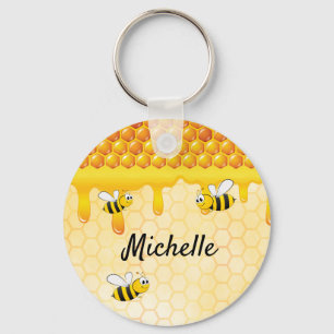 Bees yellow honeycomb cute name key ring