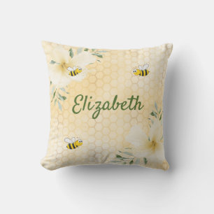 Bees yellow honeycomb florals name cushion