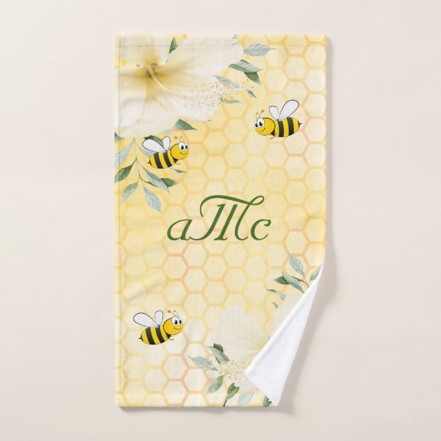 Bees yellow honeycomb flowers couple monogram hand towel (Hand Towel)