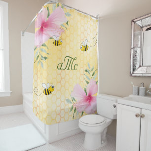 Bees yellow honeycomb pink floral monogram shower curtain