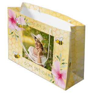 Bees yellow honeycomb pink florals 60th birthday large gift bag
