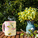 Bees yellow honeycomb pink florals,summer bossbabe mug<br><div class="desc">Add some fun and humor to your work space! Yellow, white background with a honeycomb pattern. Decorated with pink tropical florals flowers, hibiscus and happy bumble bees. Your name written with a pink hand lettered style script. Template for your job title or just #BossBabe. Perfect for your summer home office!...</div>