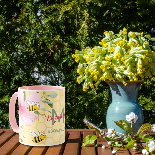 Bees yellow honeycomb pink florals,summer bossbabe mug (Creator Uploaded)