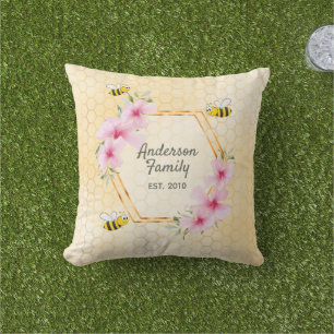 Bees yellow honeycomb pink flowers family name cushion