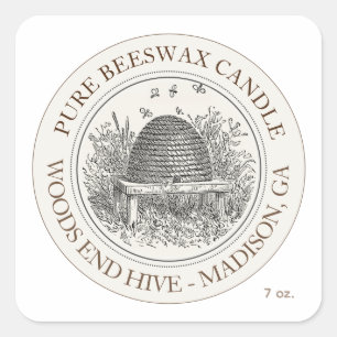 Beeswax Candle Skep with Bees Ivory  Square Sticker