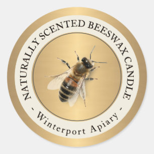 Beeswax Candle with Honeybee Metallic Gold Label