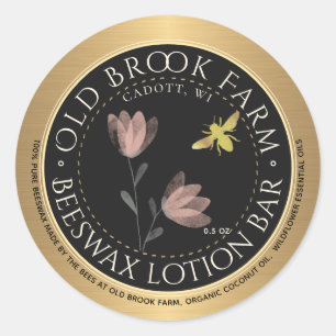Beeswax Lip Balm Gold Black Flower Bee Classic Round Sticker