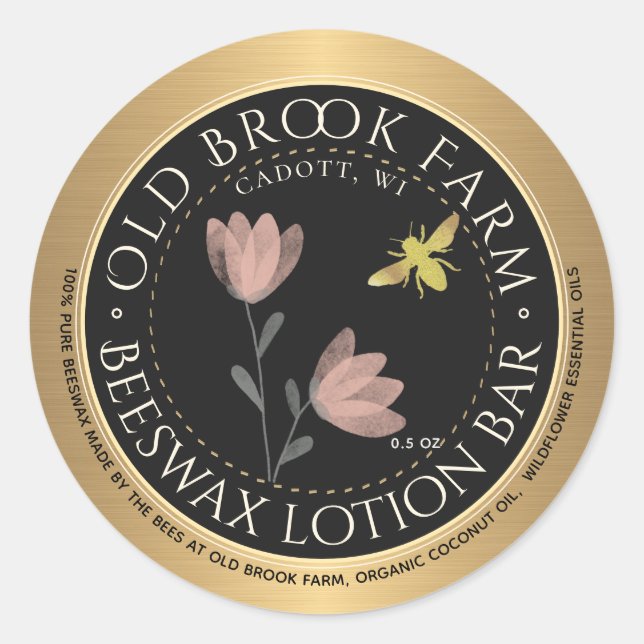 Beeswax Lip Balm Gold Black Flower Bee Classic Round Sticker (Front)