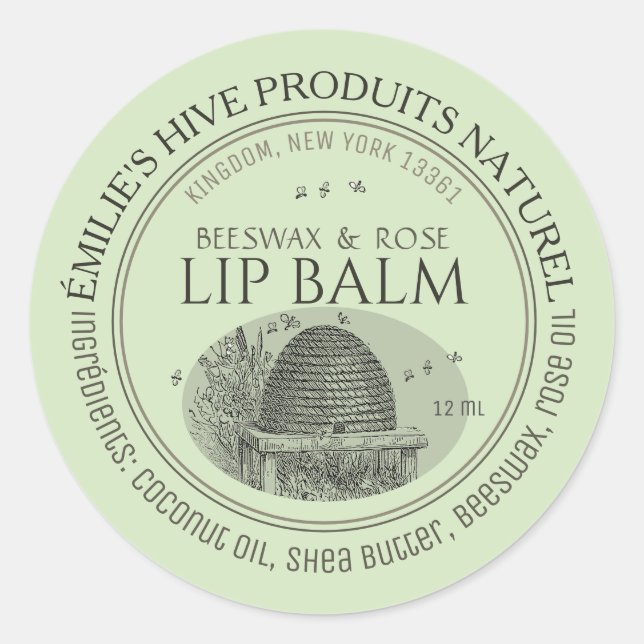 Beeswax lip balm tin mini label with skep and bees (Front)