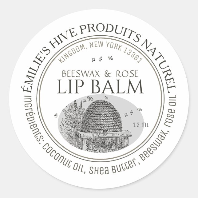 Beeswax lip balm tin mini label with skep and bees (Front)