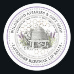 Beeswax Lip Balm Vintage Skep Lavender & Honeycomb Classic Round Sticker<br><div class="desc">Custom Lip Balm label with vintage illustration of a bee-hive surrounded by an old world garden with wildflowers,  lavender and little bees. Dotted circle border. Honeycomb Pattern in background. Personalise with your name,  apiary,  location and cell phone,  and ingredient list.</div>