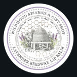 Beeswax Lip Balm Vintage Skep Lavender & Honeycomb Classic Round Sticker<br><div class="desc">Custom Lip Balm label with vintage illustration of a bee-hive surrounded by an old world garden with wildflowers,  lavender and little bees. Dotted circle border. Honeycomb Pattern in background. Personalise with your name,  apiary,  location and cell phone,  and ingredient list.</div>