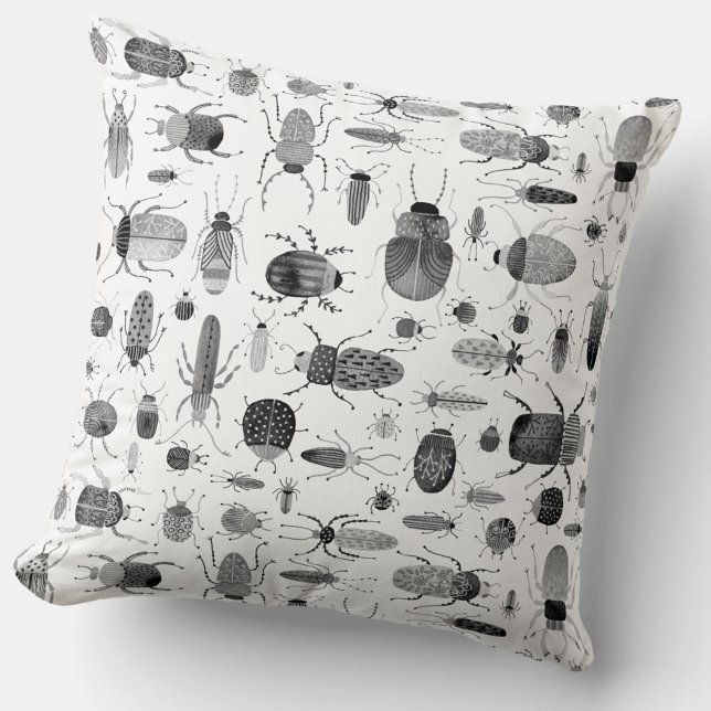 Beetle Black & White Cushion (Bug and beetle creepy insect Watercolor pattern black and white throw pillow)