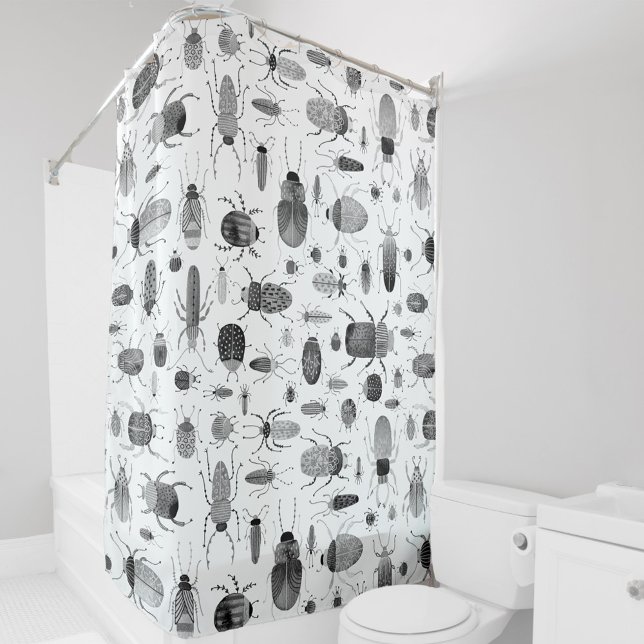 Beetle Black & White Shower Curtain (Black and white ink bugs and beetles art shower curtain)