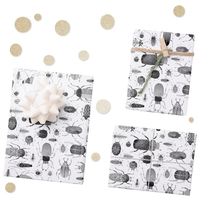 Beetle Black & White Wrapping Paper Sheet (Black and white bugs and beetles ink pattern gift wrapping paper )
