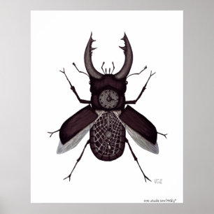 Beetle clock surreal black and white drawing poster