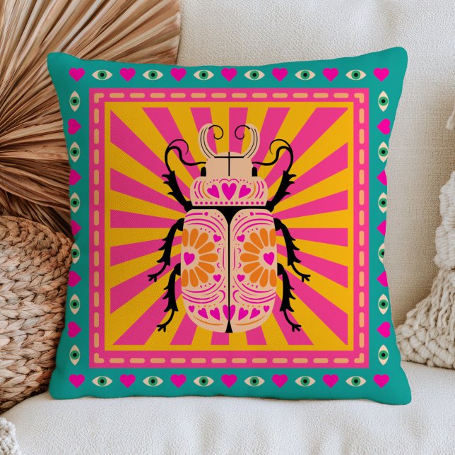 Beetle Insect with Heart Pattern Retro Maximalist Cushion (Creator Uploaded)