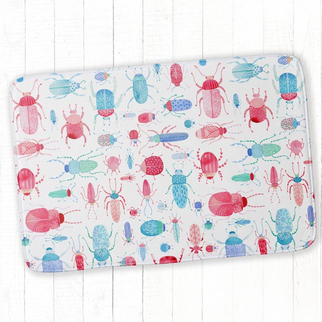 Beetles and Bugs Fun Watercolor Bath Mat (Watercolor bugs and beetles bath mat)