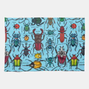 Beetles on blue tea towel