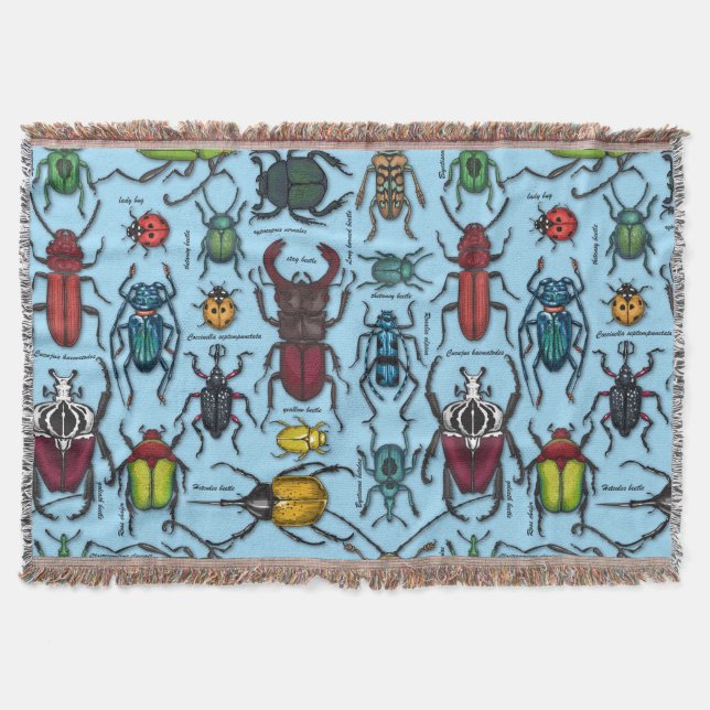 Beetles on blue throw blanket (Front)