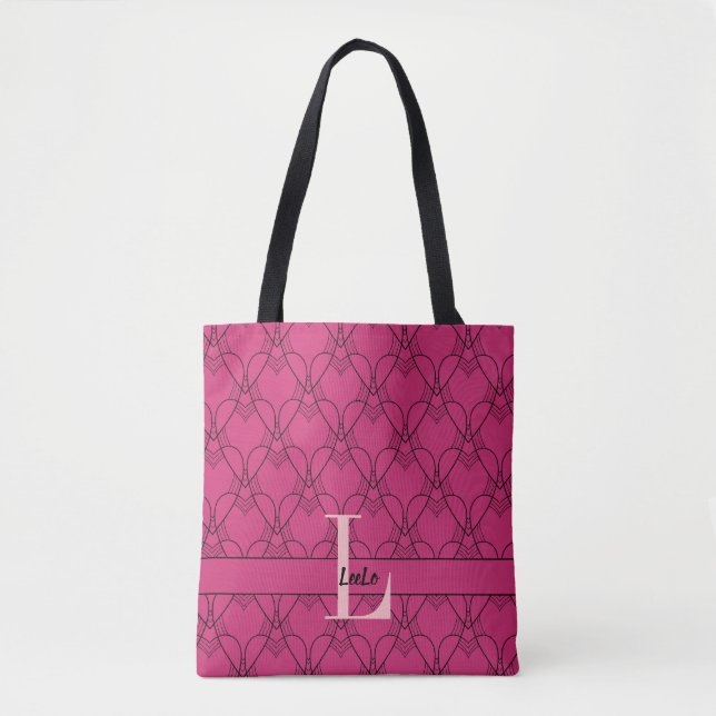 Beetroot Purple & Pink Hearts Monogram and Name Tote Bag (Front)