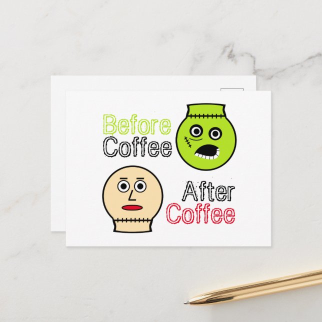 Before Coffee, After Coffee, Coffee Monster Postcard (Front/Back In Situ)