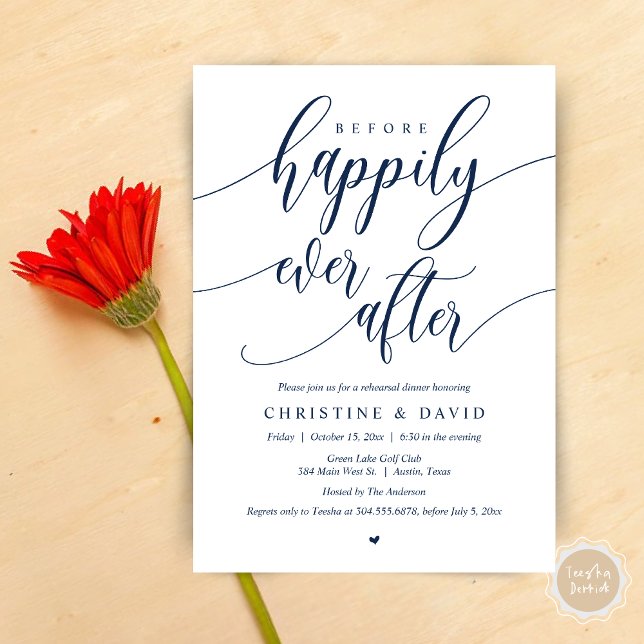 Before Happily Ever After, Rehearsal Dinner Invitation (Before Happily Ever After, Modern Wedding Rehearsal Dinner Invitation Card, PDF, in Navy Blue)