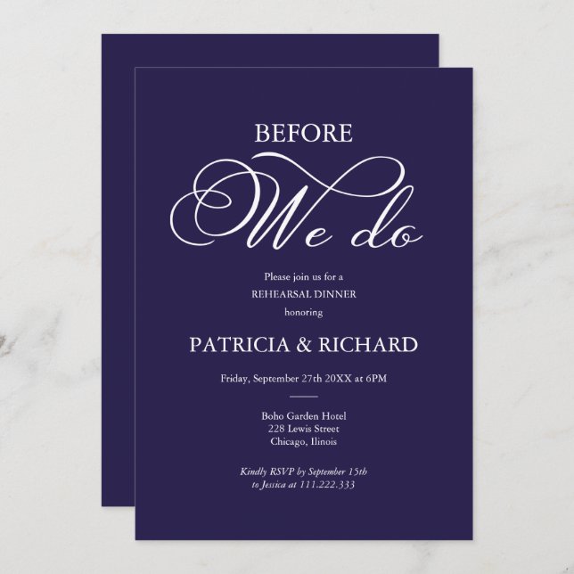 Before We Do Elegant Navy Blue Rehearsal Dinner Invitation (Front/Back)
