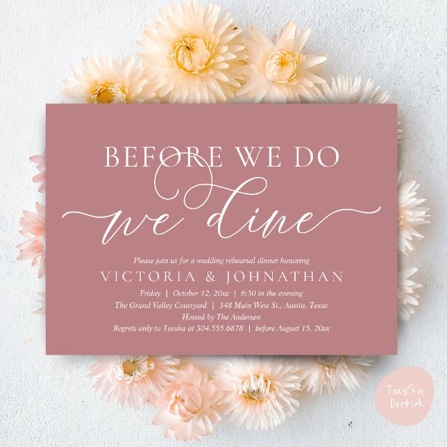 Before We Do, We Dine, Wedding Rehearsal Dinner Invitation (Before We Do, We Dine,  Wedding Rehearsal Dinner Party Classy Romantic Invites Card PDF Dusty Rose)