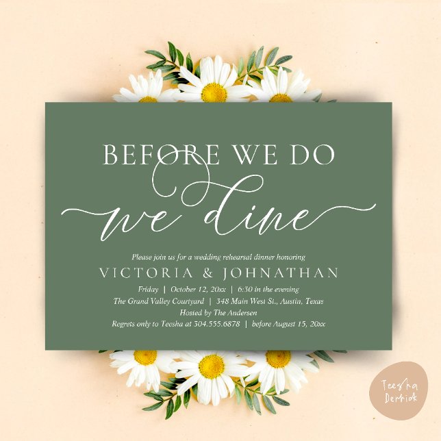 Before We Do, We Dine, Wedding Rehearsal Dinner Invitation (Before We Do, We Dine,  Wedding Rehearsal Dinner Party Classy Romantic Invites Card PDF Sage Green)