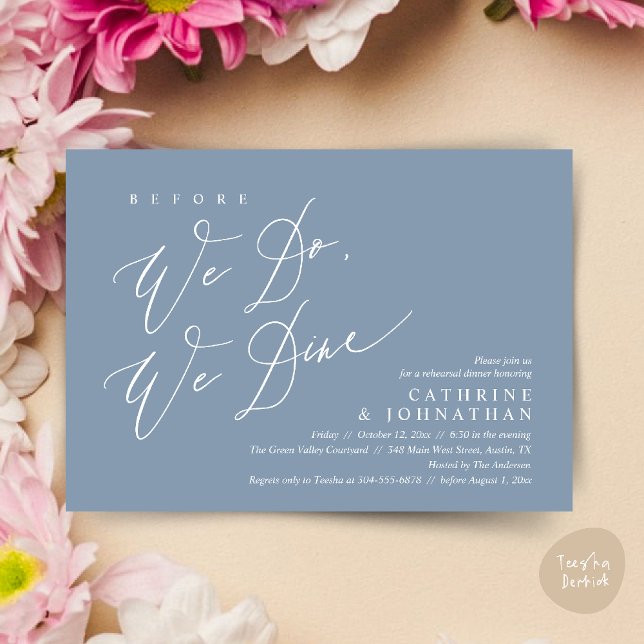 Before we do, we dine, Wedding Rehearsal Dinner Invitation (Before we do, we dine, Modern Wedding Rehearsal Romantic Dinner Invitation Card PDF Dusty Blue)