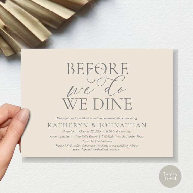 Before We Do, We Dine, Wedding Rehearsal Dinner Invitation (Before We Do, We Dine, Wedding Rehearsal Dinner Invitation Card, PDF, in Romantic Script, Cream Grey)