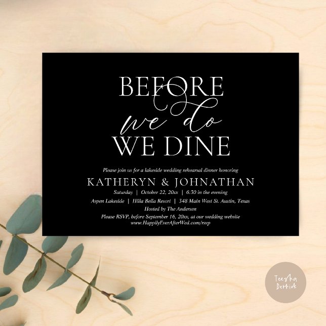 Before We Do, We Dine, Wedding Rehearsal Dinner Invitation (Before We Do, We Dine, Wedding Rehearsal Dinner Invitation Card, PDF, in Romantic Script, Black)
