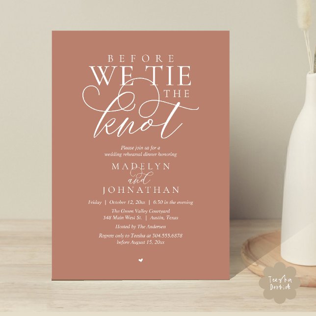 "Before we tie the knot", Wedding Rehearsal Dinner Invitation ("Before we tie the knot", Modern Romantic Wedding Rehearsal Dinner Invites Card in Terracotta Brown)