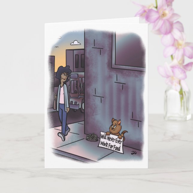 Begging Cat With Sign Greeting Card (Orchid)