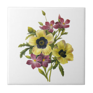 Begonia and Purple Periwinkles Redoute Bouquet Ceramic Tile