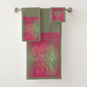 "Behold tidings of Great Joy"Pink Grey Bath Towel Set