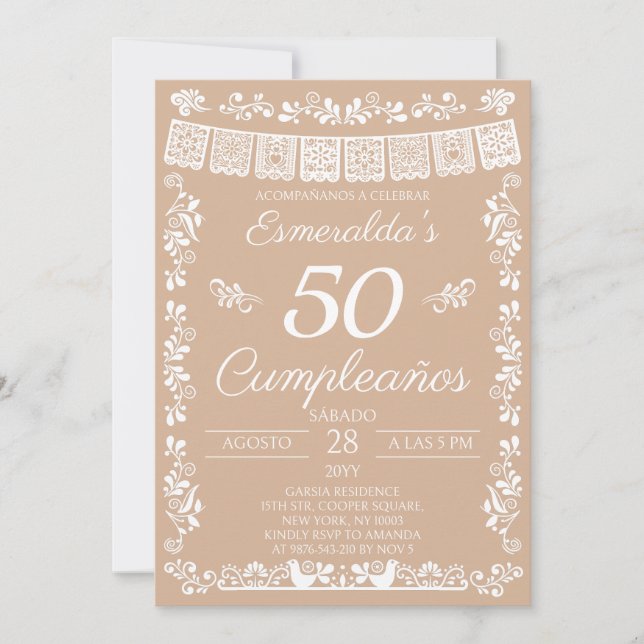 Beige 50 Cumpleaños Birthday Party Invitation (Front)