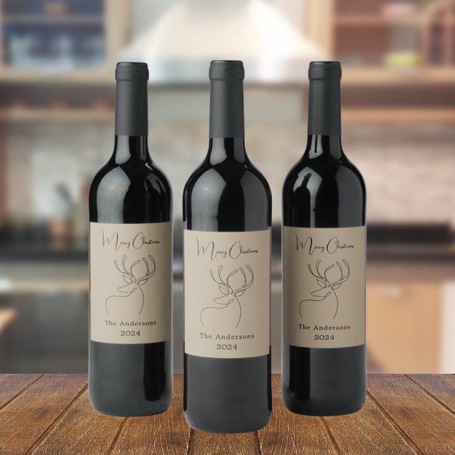 Beige abstract reindeer modern Christmas Wine Label (Creator Uploaded)