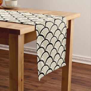 Beige and black abstract art-deco flowers short table runner